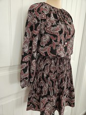 Michael Kors Paisley Pleated Blouson Dress Chiffon Sz XS Tie Keyhole Neck