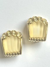 Vintage 1980s Christian Dior clip on earrings gold pavé diamanté glass shell paw
