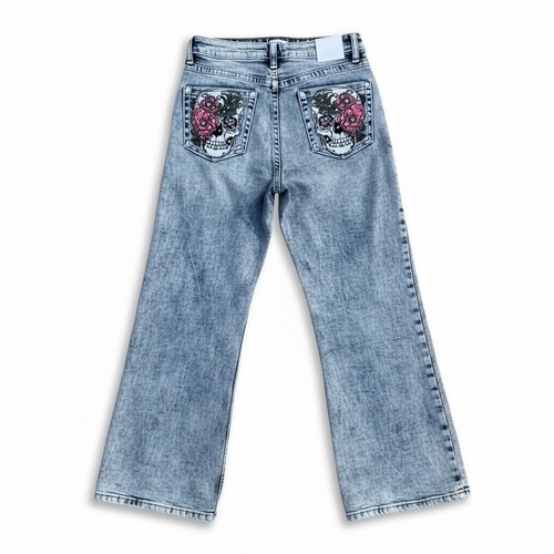 NWT Wide Leg Acid Wash Jeans Skull Rose Embroidery Rhinestone Y2k Punk 9/29