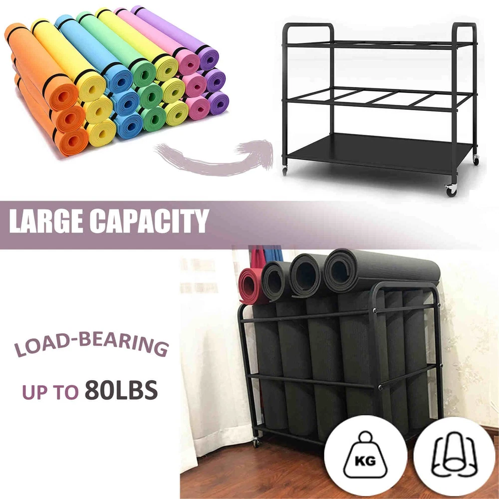 Yoga Mat Storage Rack Basket Workout Equipment Home Gym Storage Rack with Whe...
