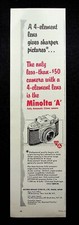 1956 Minolta A 35mm Camera "4-Element Lens Sharper Pictures" Vintage Print Ad