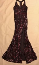 Long Mermaid Style Prom Dress Burgundy Sequins Stretchy Lace Size 1 see measurem