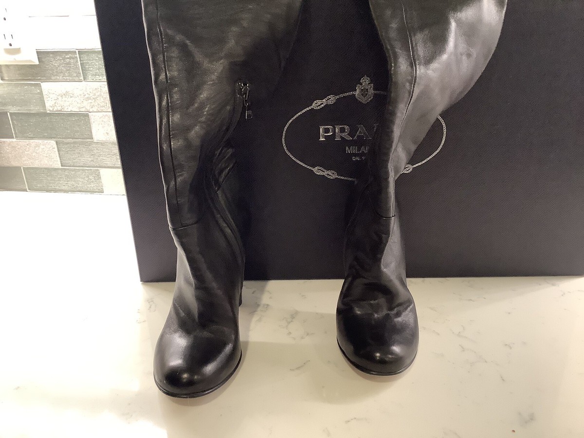 Prada Over The Knee Thigh High Boots Leather Black Size 6.5