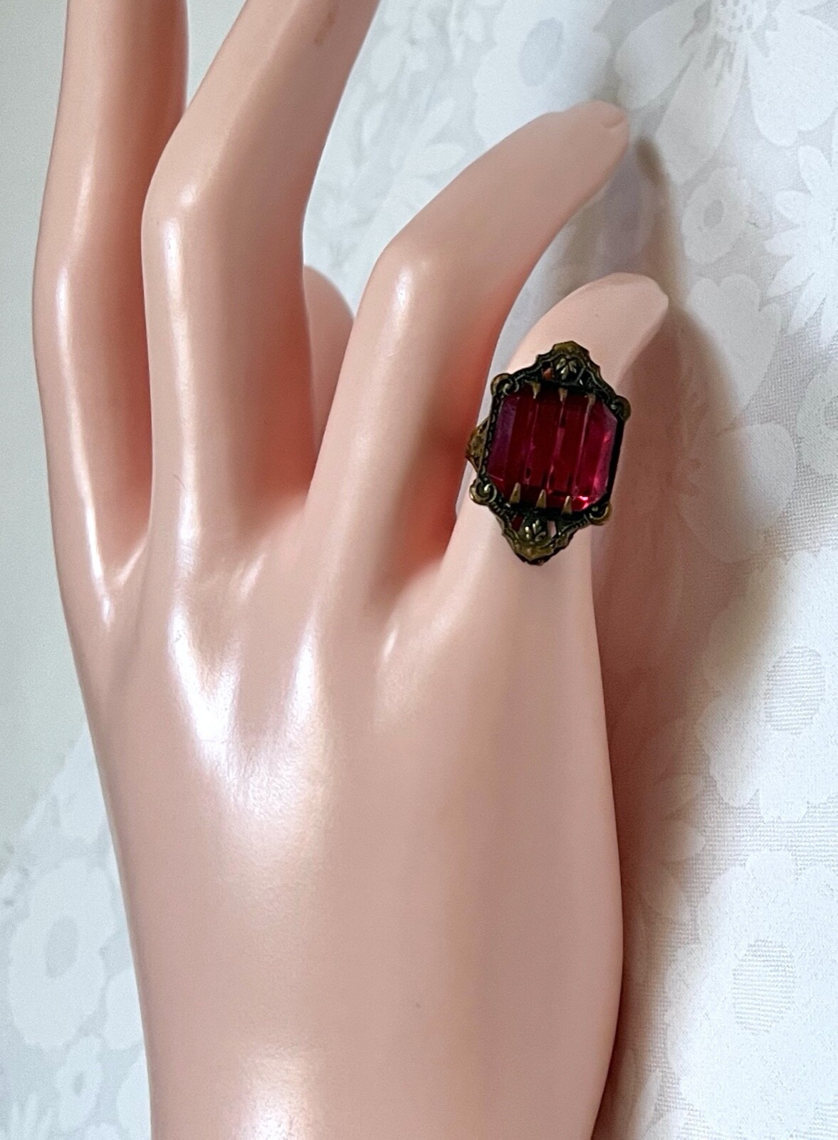 Vintage Art Deco Pinky Ring Czech Carved Glass in Brass Filigree