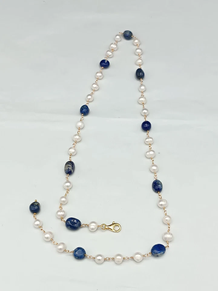 collana donna sciarpa perla naturale sodalite blu argento 925 catena lunga - Immagine 4 di 4