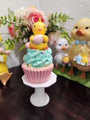 Easter Chick Holiding Egg Faux Cupcake Resin Figurine Tier Tray Decor 5.5''