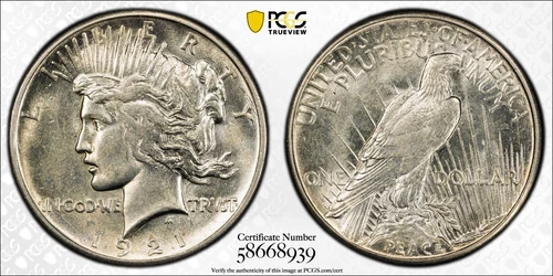 PCGS AU58 1921 Peace Dollar High Relief 