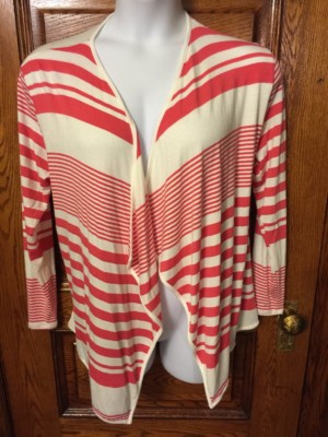 ellumiNation Nikki Parker Coral & Cream Stripe Open Front Cardigan SWEATER Sz 1X