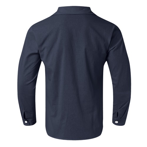 Hot Cotton and Linen Collar Solid Color Long Sleeved Men's Shirt - Picture 12 of 27