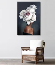 Woman With Flowers Her Head, Flower Head Girl Portrait Canvas Wall Art