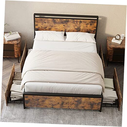 Full Bed Frame with 4 Storage Drawers and Headboard - Sturdy Metal Platform Bed-image