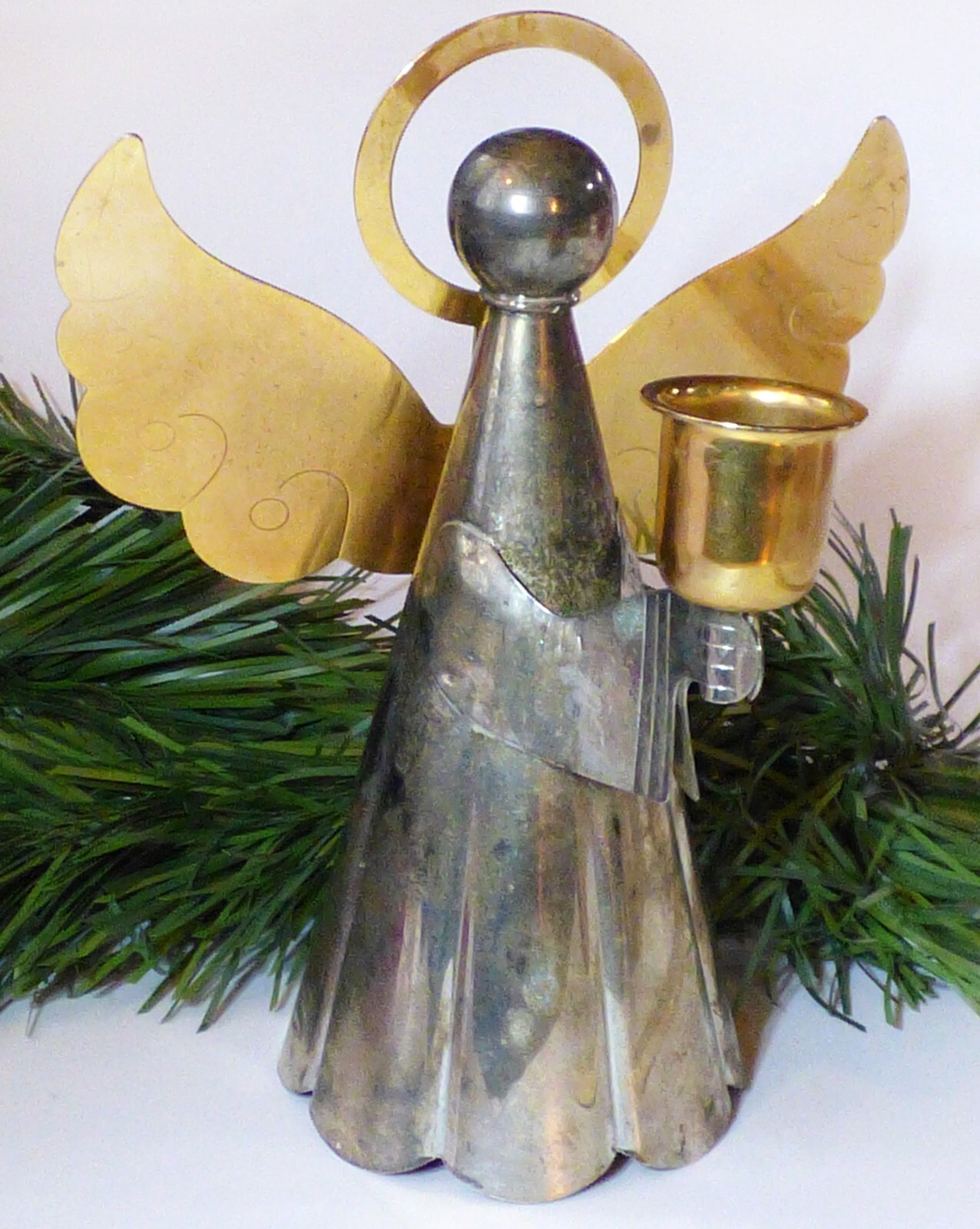 Vintage ANGEL CANDLE HOLDER 7" Silver/Gold Plated on Brass ~ Christmas