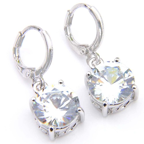 Natural Round Cut Woman White Fire Topaz Gemstone Silver Danlge Hook Earrings - Picture 4 of 6