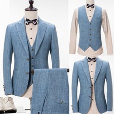 Light Blue Men's Suits Linen Peak Lapel Slim Fit Wedding Groom Fashion 3 Pieces