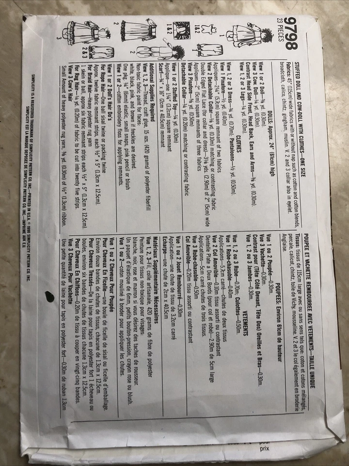 Vtg 90s cloth rag doll craft pattern Prairie Style yarn hair 24" Cow doll too - Image 4 of 4