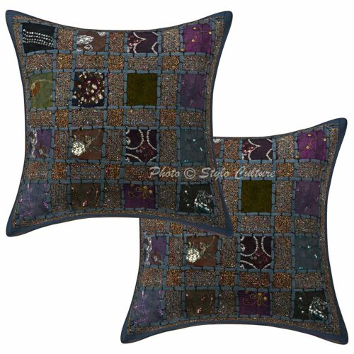 Decorative Sequins Patchwork Cotton Cushion Pillow Covers Grey Geometrical Set - Picture 1 of 3