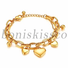 Gold Stainless Steel Heart Pendant Multi-Layer Women's Girls Bracelet Link Chain