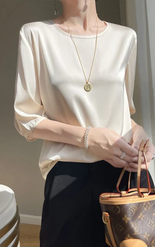 Women's Summer Round Neck Silk T-shirt Half Sleeved Shirt Loose Bottomed Top - Picture 15 of 22