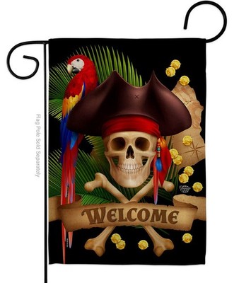 Pirate Ahoy Mate Garden Flag - Coastal Ship Skull Treasure Map Carribean Joll...