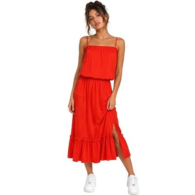 Vintage Put On Women Orange Polyester Spaghetti Straps Ruffle Midi Dress Medium