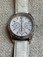 TIMEX WATCH-T2P386 STAINLESS STEEL MULTI-COLORED CRYSTAL FACE WHITE LEATHER BAND