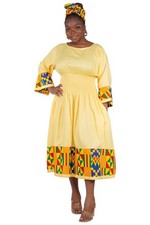 African Trim Midi Dress Smocked, Headwrap Pockets 100 Rayon Patch work