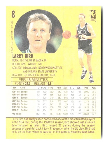 1991-92 Fleer #8 Larry Bird - Bild 2 von 2