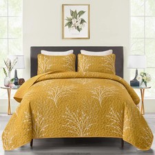 Yellow Quilt Set King Size Branch Botanical Pattern Bedspread Coverlet Set, 3...