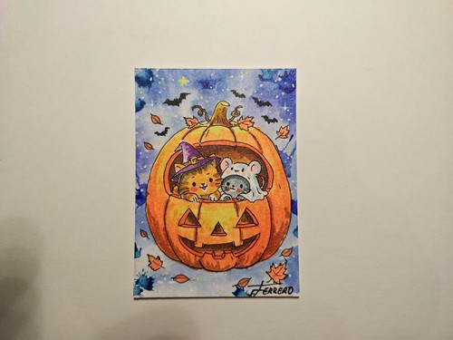 ACEO Original Halloween Cat Witch Ghost Art Alcohol Markers Art Card OOAK signed