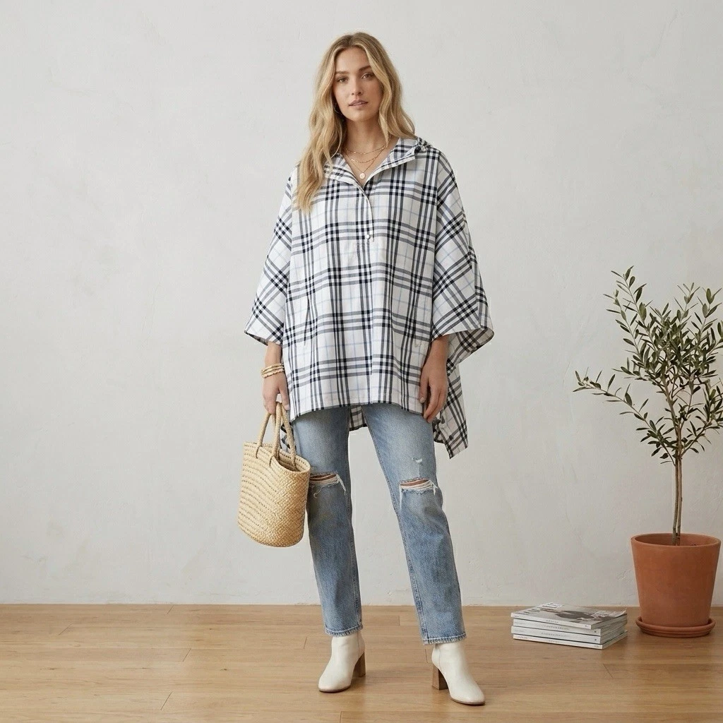 Burberry London Light Blue Plaid Packable Poncho Raincoat, sz OS