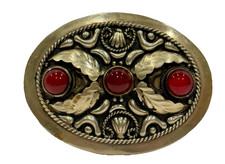 VTG Silver Red Cabachon Belt Buckle Western Native American Style Feathers 3.75"