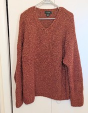 Vintage 90s J Crew Oarsman Fisherman Wool Sweater Size L Rust Orange V Neck