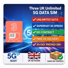 Prepaid 3 Network Sim Card with UNLIMITED 5G Data. Valid for 30 days