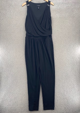 White House Black Market Jumpsuit Women 4 Black Surplice Neck Jersey Knit Pocket