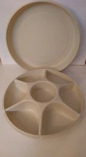 VINTAGE TUPPERWARE ALMOND DIVIDED VEGETABLE, CHIP AND DIP, SERVING TRAY AND LID