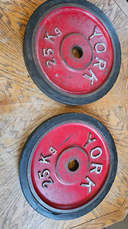 Juego de 2 Placas de Parachoques York De Colección 25 Kg Antiguo Hombre Fuerte Hierro Juego Raro Rojo Foto 2 de 4