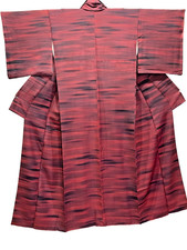 Handwoven Silk Tsumugi Kimono Maroon Black Stripe S 25in Yuki Stylish Japan Vtg