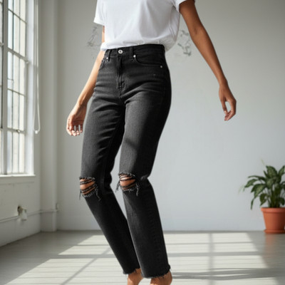 Agolde Cherie Black Straight Slim Jean 25 High Waist All Cotton Denim Fray Rigid