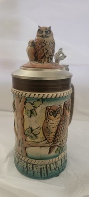 W Germany Beer Stein Owls Goebel Merkelbach Handarbeit Pewter Lid Erbo Zinn Vtg