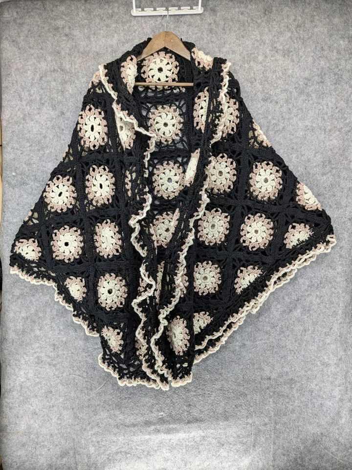Xale de crochê vintage feito à mão feminino preto bege vovó envoltório quadrado casa de campo - Imagem 2 de 4