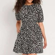 Old Navy Dress Women Medium Black Floral Side Cut-Out Puff Sleeve Mini Cotton