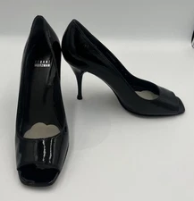 Stuart Weitzman Klinda Peep Toe 4" Stileto Heels Black Patent Leather 8 M