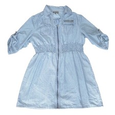 Cotton Striped Shirt Dress Smocked Waist Long Sleeve XL Blue White
