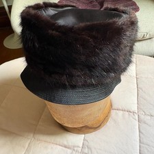 Vintage Brentshire mink fur black satin pillbox hat brim women's small