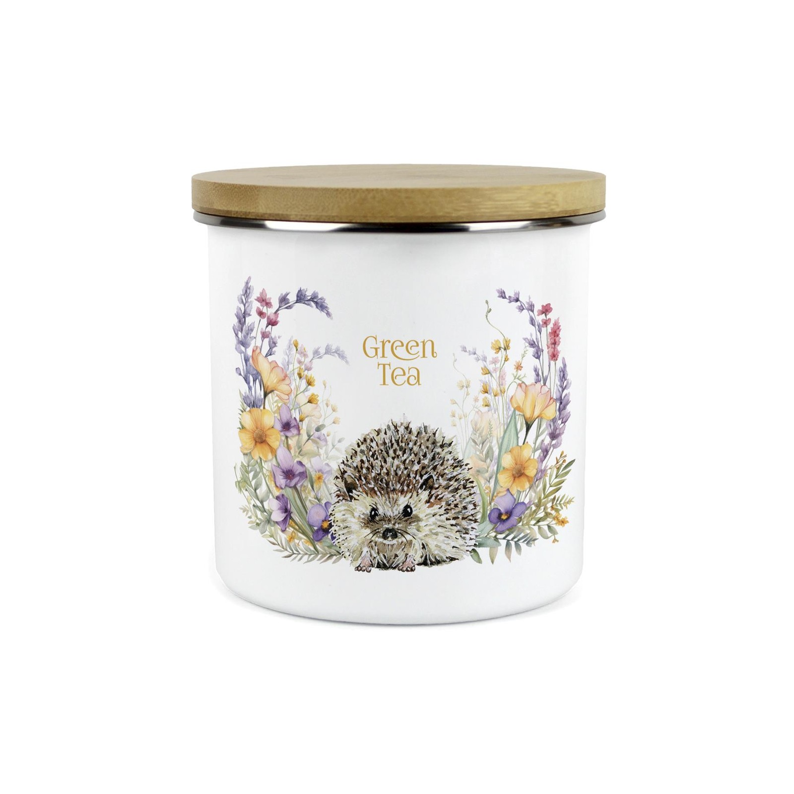 Hedgehog Green Tea Storage Canister - Floral Wildlife Kitchen Container Gifts