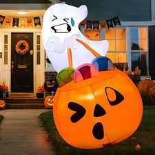 5FT Halloween Inflatable Ghost with Pumpkin Candy Bag - LED Outdoor Yard Decor