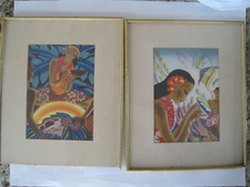 Hawaii Vintage Art Frank McIntosh Cruise Ship Menu Luau Bamboo Frame Pair 1938
