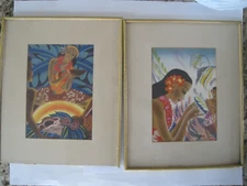 Hawaii Vintage Art Frank McIntosh Cruise Ship Menu Luau Bamboo Frame Pair 1938