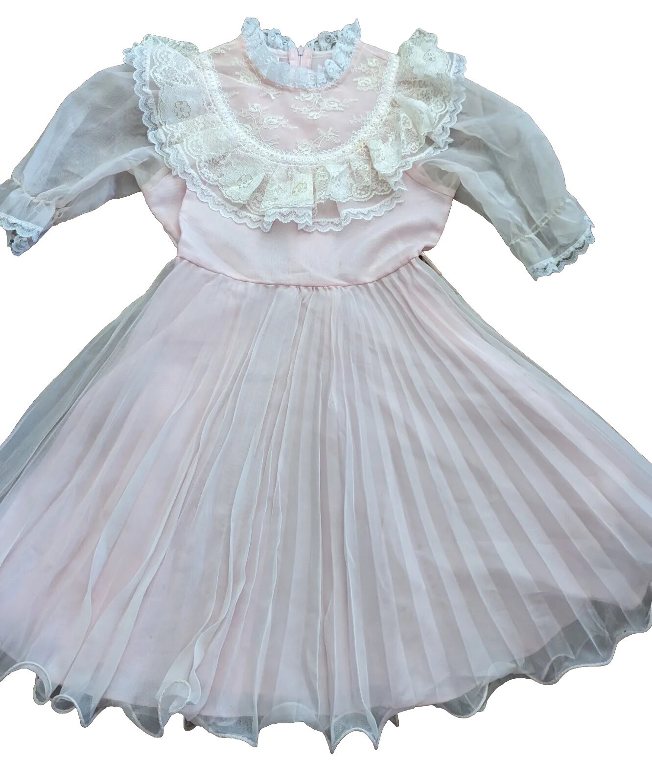 Vintage Merry Girl Pink Sheer Ruffle Pleated Lace Party Easter Dress Size 8 USA