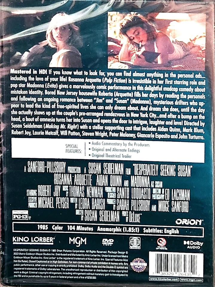 Desperately Seeking Susan (DVD, 1985) Madonna NEW SEALED KINO LORBER  - Image 2 of 2